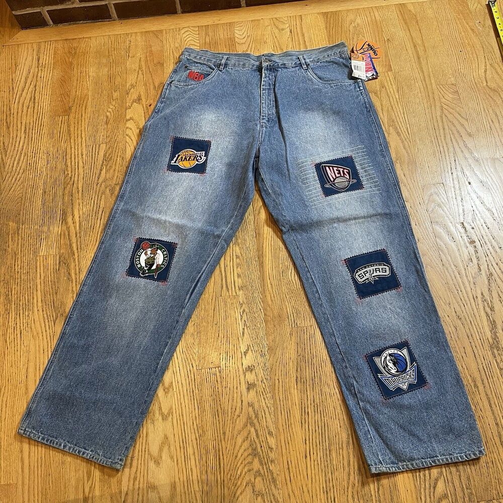 Unk Embroidered Basketball Patch Jeans NBA Team Logos Sz 40 x 33 NWT Vtg Y2K